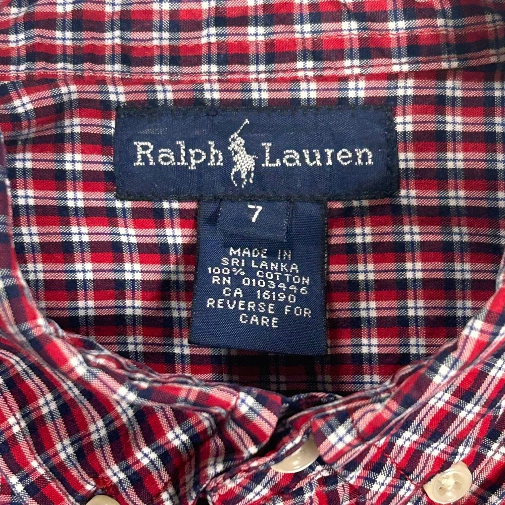 Ralph Lauren Boys 7 Red White Blue Plaid Short Sleeve Button Down Shirt Preppy